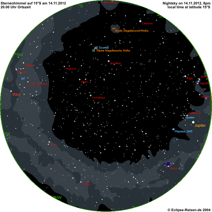 Nachthimmel auf 15 Süd Mitte November 2012 um 20.00 Uhr Ortszeit