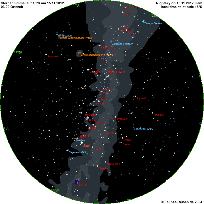 Nachthimmel auf 15 Sd Mitte November 2012 um 03.00 Uhr Ortszeit