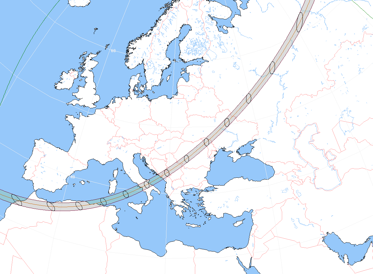 Verlauf der Zentralzone der Ringförmigen  Sonnenfinsternis am 06.03.1867