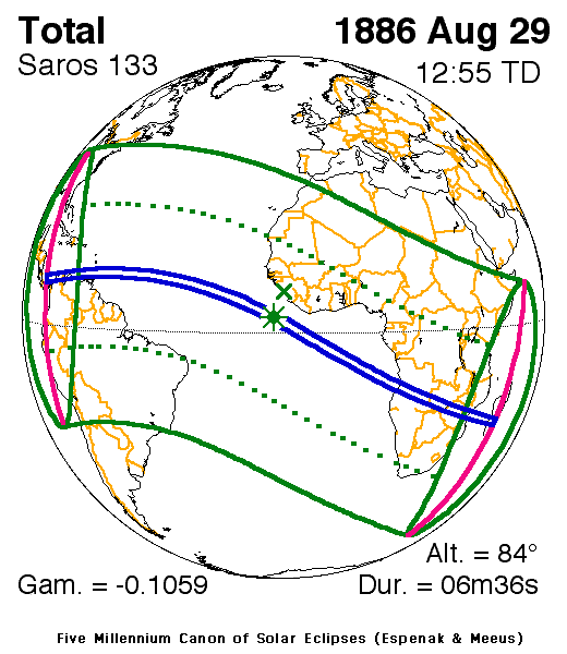 Verlauf der Zentralzone der Totalen Sonnenfinsternis am 29.08.1886