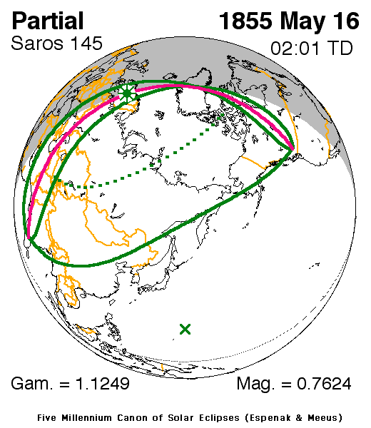 Lage der Finsterniszone der Partiellen Sonnenfinsternis am 16.05.1855