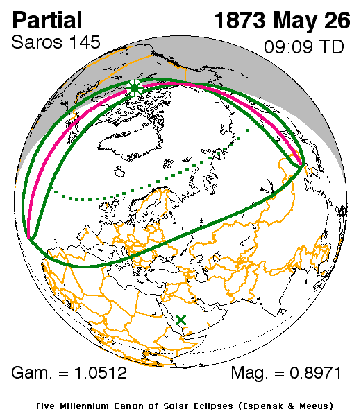 Lage der Finsterniszone der Partiellen Sonnenfinsternis am 26.05.1873