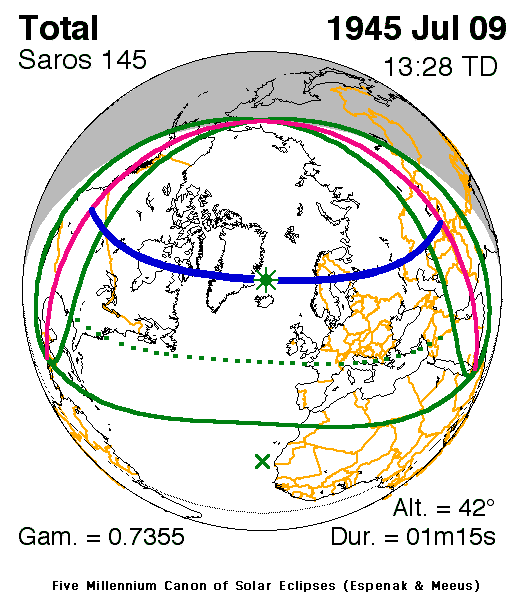 Verlauf der Zentralzone der Totalen Sonnenfinsternis am 09.07.1945