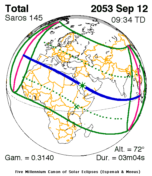 Verlauf der Zentralzone der Totalen Sonnenfinsternis am 12.09.2053