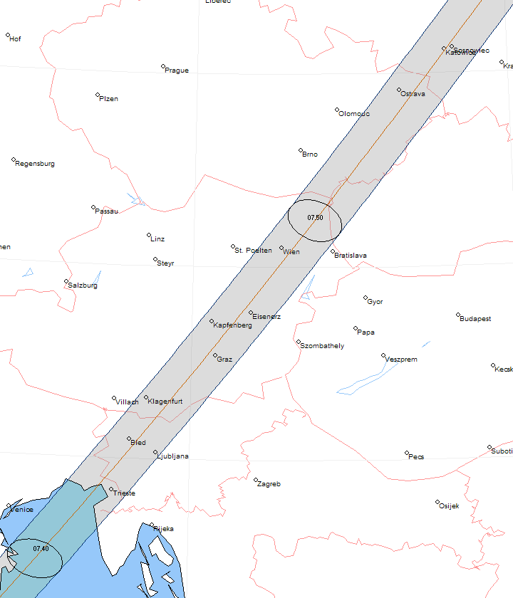 Verlauf der Zentralzone der Totalen Sonnenfinsternis am 16.05.2227