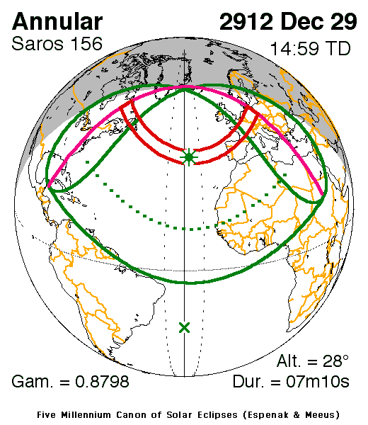 Verlauf der Zentralzone der Ringförmigen  Sonnenfinsternis am 29.12.2912