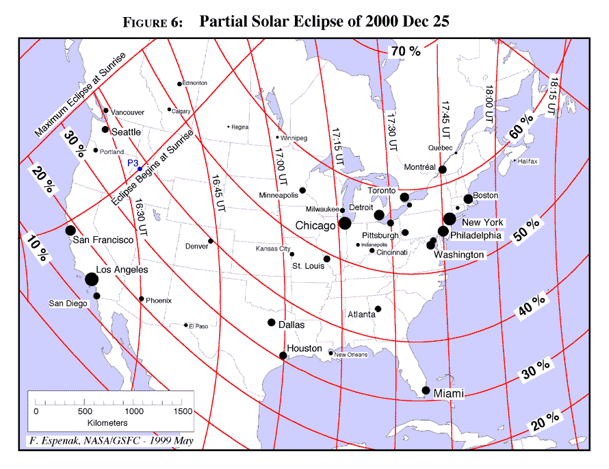 Verlauf der Finsternis am 25.12.2000 in den USA und in Kanada