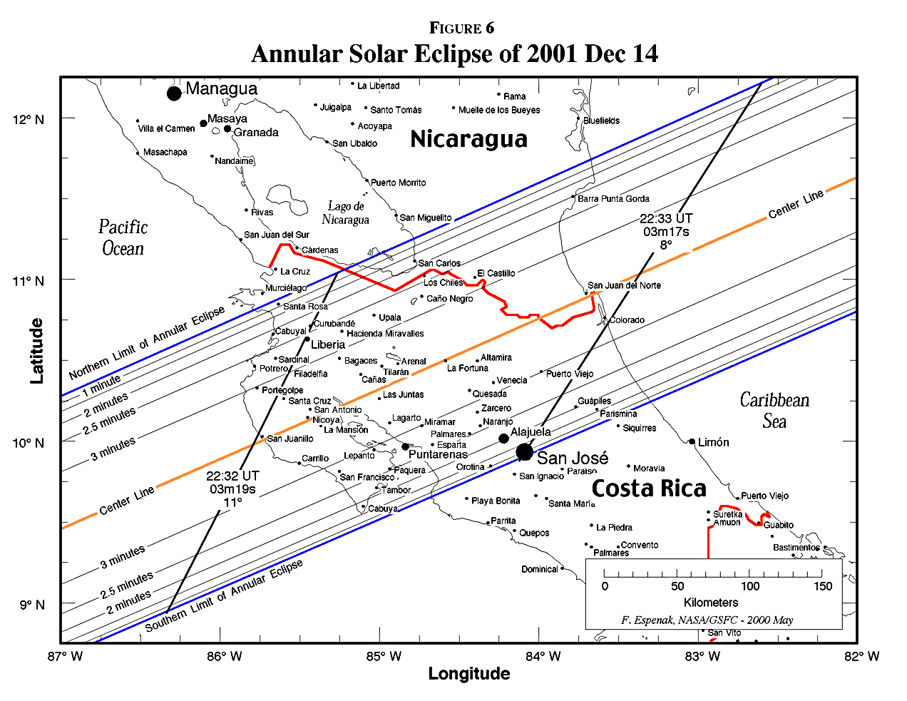 Verlauf der Zentralzone am 14.12.2001 in Costa Rica