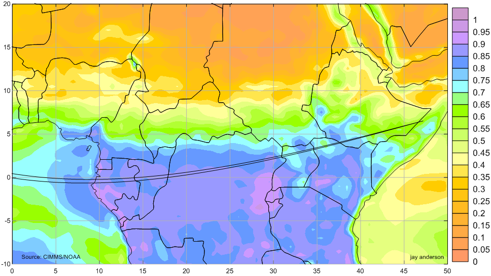 Durchschnittlicher Bewölkungsgrad entlang der Zentralzone in Afrika im Monat November