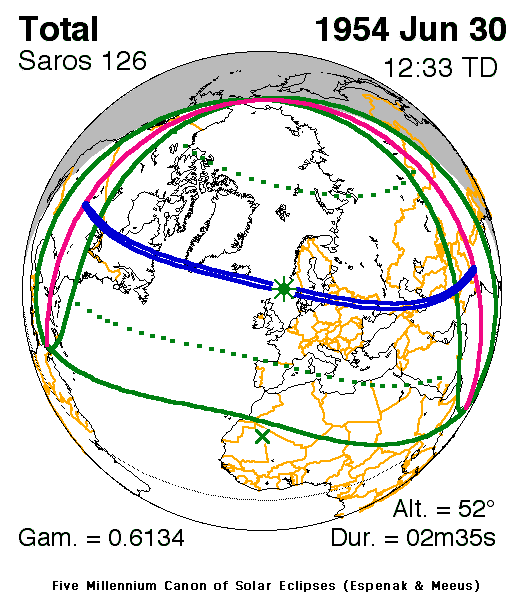 Verlauf der Zentralzone der Sonnenfinsternis am 30.06.1954