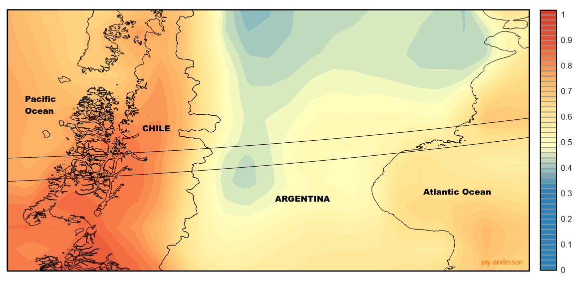 Durchschnittlicher Bewölkungsgrad (in %) entlang der Zentrallinie über Südamerika im Monat Februar