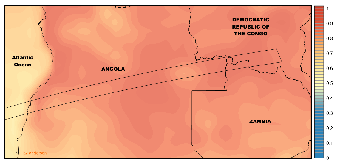 Durchschnitt licher Bewlkungsgrad (in %) entlang der Zentrallinie über Afrika im Monat Februar