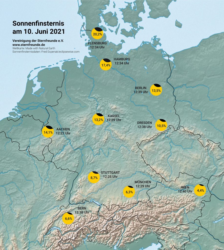Die Partielle Sonnenfinsternis am 10. Juni von Mitteleuropa aus gesehen.