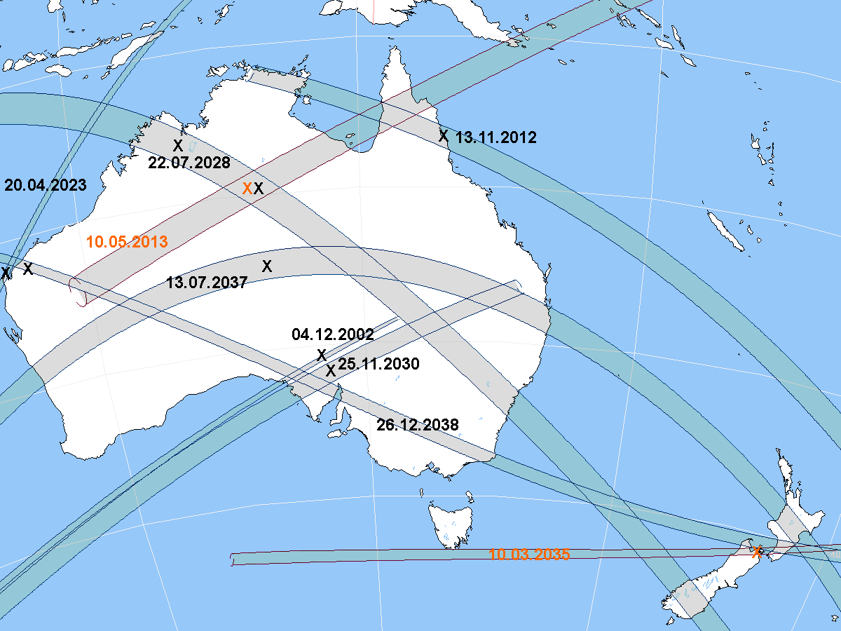 Totale und ringförmige Sonnenfinsternisse in Australien und Neuseeland 2001 - 2040