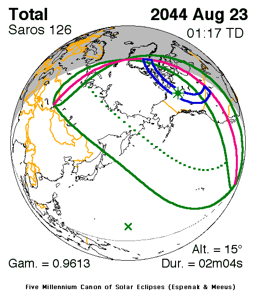 Verlauf der Zentralzone der Totalen Sonnenfinsternis am 23.08.2044