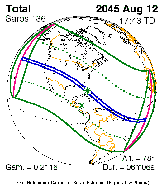 Verlauf der Zentralzone der Totalen Sonnenfinsternis am 12.08.2045