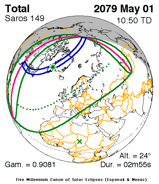 Verlauf der Zentralzone der Totalen Sonnenfinsternis am 01.05.2079